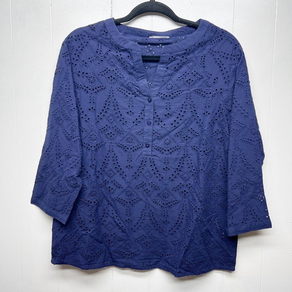 Woolovers 1/2 Button Eyelet 3/4 Sleeve Blue Top Women's Size 8 Breathable